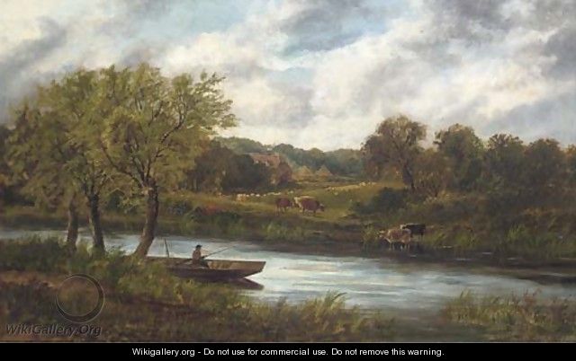 An angler on a boat, with cattle grazing beyond - Edward A. Atkyns