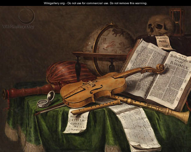 Vanitas still lifewith an astrological globe, a violin, a skull, an hourglass, an open book, a score, a watch, a lute and other musical instruments - Edwaert Collier
