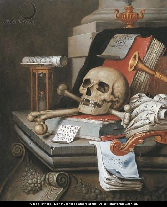 A vanitas still life with an hour glass, a skull and crossbones, a scroll, two books, music scores, a flute, a violin, a sheet of paper - Edwaert Collier