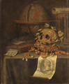 A Vanitas Still Life with a Skull in a jewelled Crown, an astrological Globe, an Hourglass, a Book - Edwaert Collier