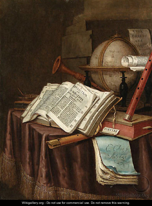 A Vanitas still life with a globe, musical instruments, a score and an emblem book on a draped table before a column - Edwaert Collier