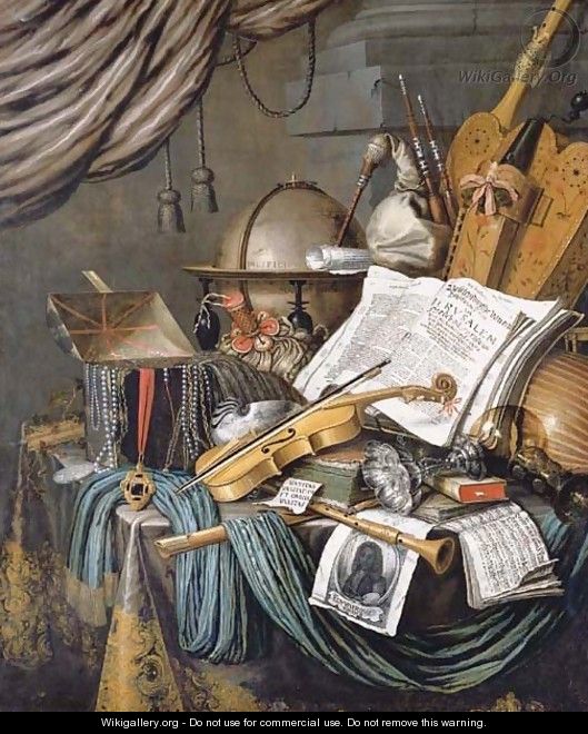 A vanitas still life of a globe, a casket of jewels and medallions, books, a hurdy-gurdy, a bagpipe, a lute, a violin, a silver tazza, a roemer - Edwaert Collier