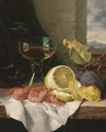 Plums, shrimps, a lemon and a glass of wine, on a wooden ledge - Edward Ladell