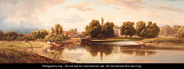 Cattle watering on the Bend of a tranquil River, a Village and Country House beyond - Edward Henry Holder