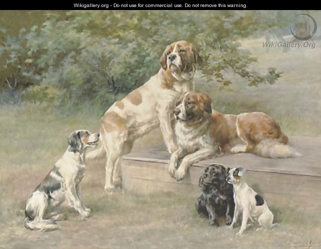 Two St. Bernards, a black Cocker Spaniel, an English Setter and a black and white Terrier - Edmund Henry Osthaus
