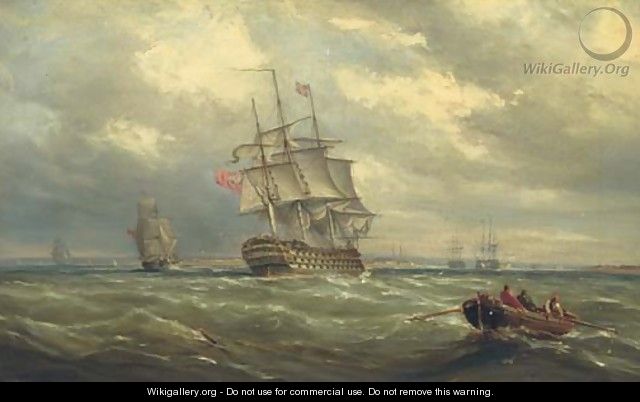 A three-decker reducing sail in Spithead in preparation for her arrival into Portsmouth Harbour - Ebenezer Colls