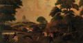 An extensive landscape with a boar hunt - East European School