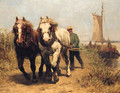 Horses On A Towpath Pulling A Barge - Edmond Joseph De Pratere
