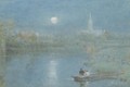Figures Boating Before Salisbury Cathedral In The Moonlight - Albert Goodwin