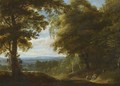 A Wooded Landscape With Two Hunters Resting Beside A Track - Cornelis Huysmans