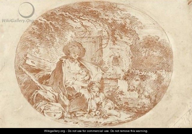 A Woman And Her Two Children Resting By A Fountain, A Cow To The Right - French School