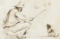 A Seated Man Wearing A Hat And Holding A Cane To Train A Dog - Giovanni Francesco Guercino (BARBIERI)