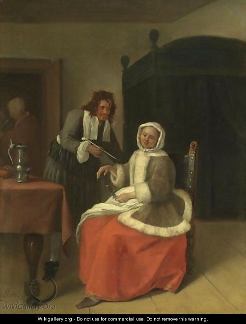 A Young Man Offering A Pipe To A Seated Girl Holding An Empty Wine Glass - Jan Havicksz. Steen