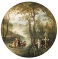 River Landscape, With An Elegant Company In A Boat, A Manor House Beyond - Antwerp School