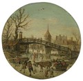 A Winter Landscape With Figures Skating On A Frozen River Before A Bridge, A Town Beyond - Jan van Goyen