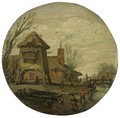 A Winter Landscape With Figures Skating And Playing Kolf On A Frozen River, Before A Large Dovecote And A Cottage - Esaias Van De Velde