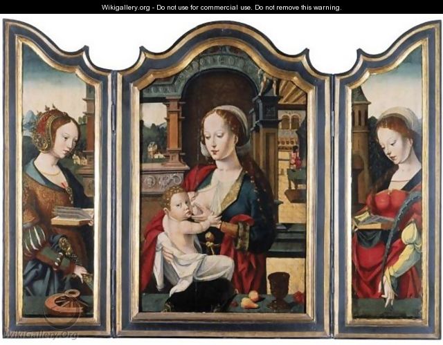 A Triptych - Central Panel The Virgin And Child - Left Wing Saint Catherine - Right Wing Saint Barbara - Antwerp School
