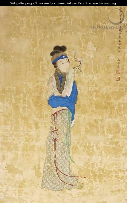 A standing lady holding a spray of cherry blossom - (after) Yi Zhiden