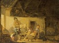 A Barn Interior With Peasants Singing And Smoking Around A Table Together With A Violin Player, And A Child Playing With A Dog - Pieter Symonsz. Potter