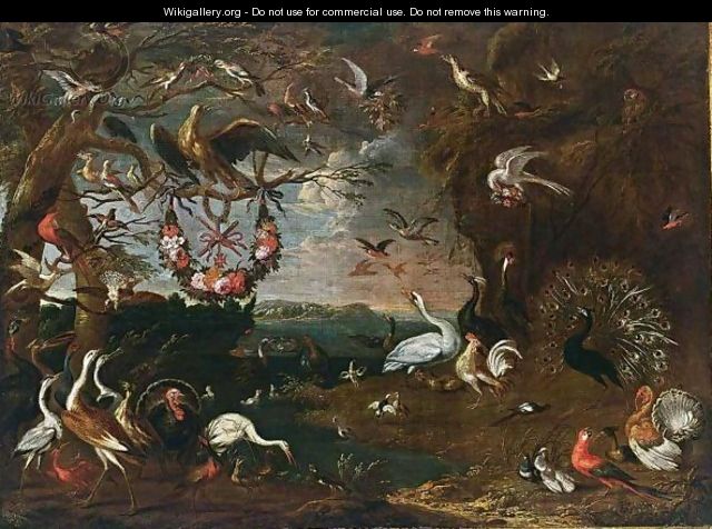 An Allegory Of The Order Of The Knights Of Malta With An Eagle, Herons, Turkeys, A Cockatoo, A Spoonbill, A Jay, Pheasants, Hoopoes, Pigeons, Ducks, A Lapwing, Owls, A Swan, A Peacock, Chickens, Parrots, Cranes And A Macaw, All In A Landscape - (after) Jan Van Kessel III