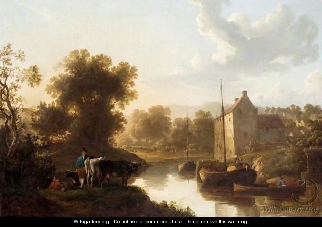 A River Landscape With Barges And A Herdsmen Resting On The Bank With His Cattle - (after) William Traies
