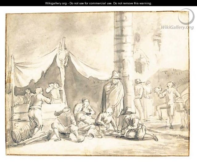 Figures Resting And Playing Games In Front Of A Tent - Dutch School