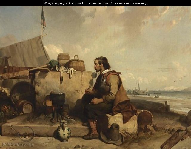 A Soldier Preparing A Meal Near The Sea Side - Eugene Modeste Edmond Le Poitevin