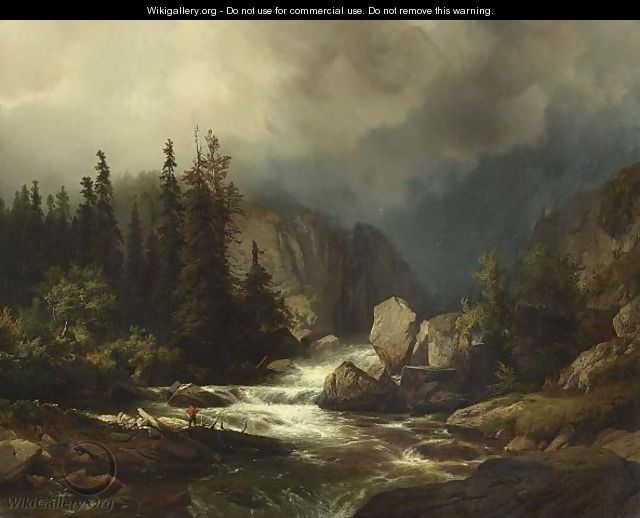 An Angler Near A River In A Mountainous Landscape. - Johann Gottfried Steffan