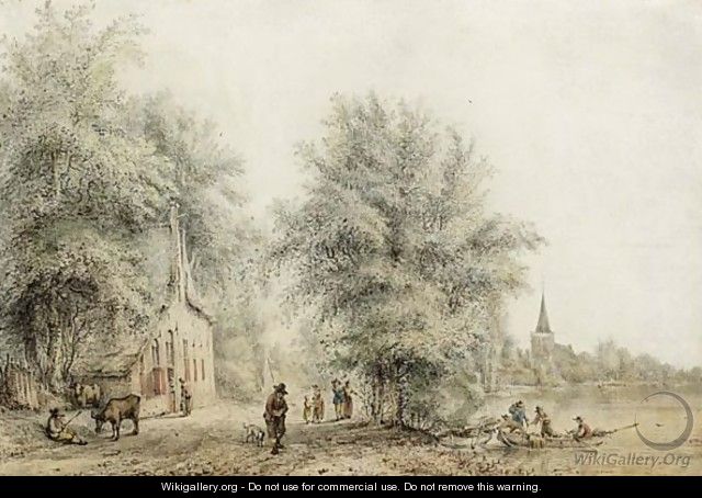 View Of Lekkerk With Fishermen And Herdsmen In The Foreground, A Church Beyond - Jacob Versteegh