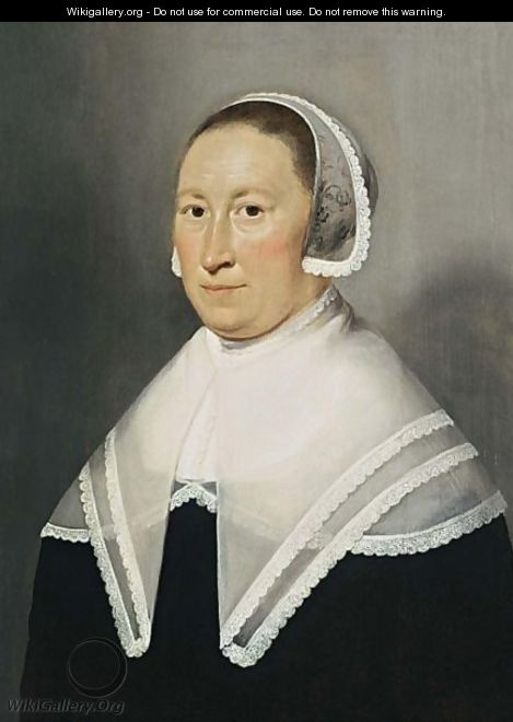 A Portrait Of A Lady, Bust Length, Wearing A Black Dress With White Lace Collar And Bonnet - Frisian School
