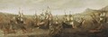 A Sea Battle With Men-O'-War, Galleons And Other Sailing Ships Near A Mediterrenean Rocky Coast - Dutch School