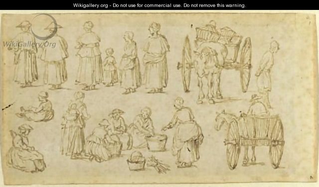 Double-Sided Sheet Of Studies Of Figures At Market - (after) Jan The Elder Brueghel