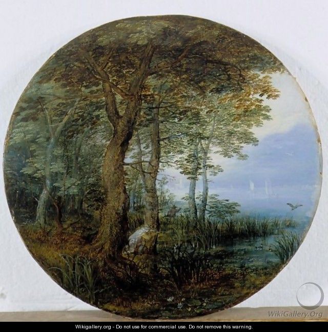 Hunters In A Wooded Landscape By A River - (after) Jan, The Younger Brueghel