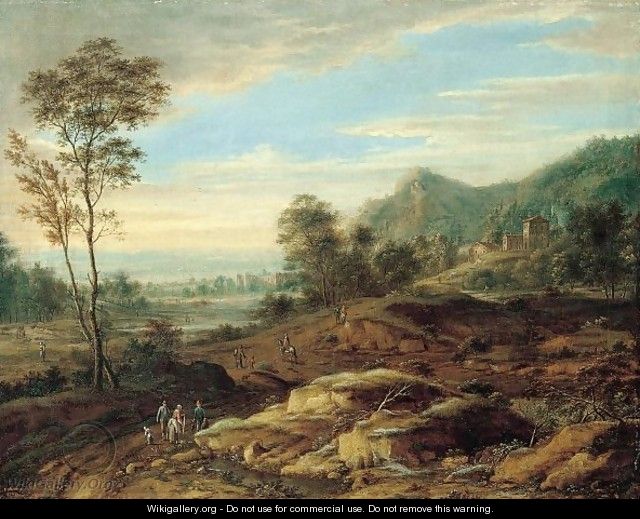 A Landscape With Travellers On A Road Near A Village - Johann Christian Vollerdt or Vollaert