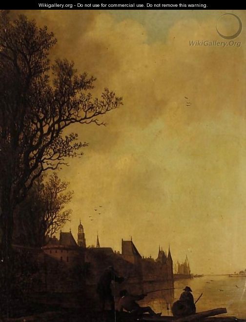 A River Landscape With Fishermen Before The Walls Of A Town, Possibly A View Of Rhenen With The Church Of Saint Cunera - Jacob Van Der Croos