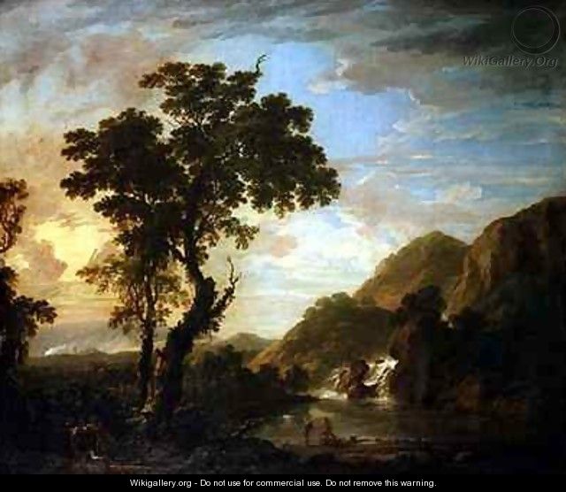Wooded river landscape with figures in the foreground and cascade beyond - George Jnr Barret