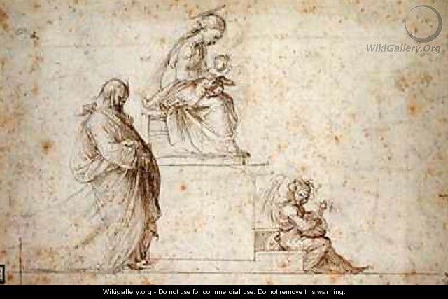 Virgin and Child on a pedestal with Joseph and an angel playing the mandolin - (after) Bartolommeo, Fra (Baccio della Porta)