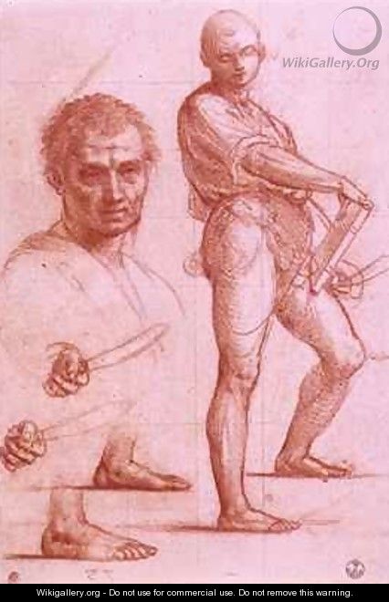 Study of a male holding a sword and a book, the sword and feet rehearsed twice, and a male head - Fra (Baccio della Porta) Bartolommeo