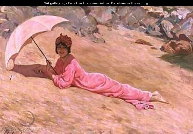 Girl lying on the beach with a pink parasol - Adolfo Belimbau