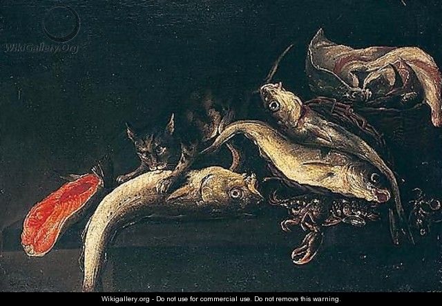 Still Life Of Salt Water Fish And Lobster On A Table Top, Guarded By A Cat - Jan Vonck