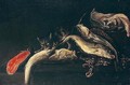 Still Life Of Salt Water Fish And Lobster On A Table Top, Guarded By A Cat - Jan Vonck