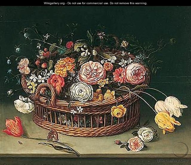 Still life of roses, tulips, bluebells and carnations in a wicker basket with a butterfly - (after) Jan The Elder Brueghel