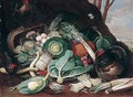 Still Life Of Vegetables, Together With A Turkey, A Cockerel And A Hen - (after) Jan Van Kessel I