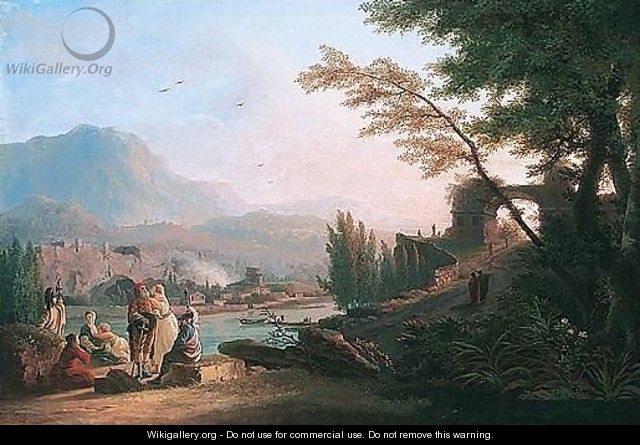 A River Landscape With Soldiers Resting And Conversing With Women, A Ruined Arch Nearby - Jean-Baptiste Hilaire