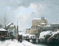 A Winter Landscape With Figures Crossing A Bridge Near A Monastery - Jules Cesar Denis van Loo