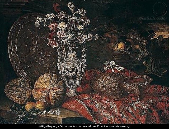 A still life of flowers in a silver mounted hardstone vase - Roman School
