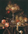 Still Life Of Fruit In A Silver Tazza Together With Grapes, Bread, Roses, A Wine Glass And A Peeled Lemon On A Pewter Dish, All Arranged On A Ledge Draped With A Brown Cloth - Abraham Hendrickz Van Beyeren
