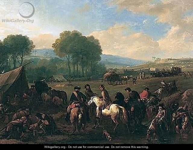 A Military Encampment In An Open Landscape With Cavaliers Conversing By A Pool - Jan von Huchtenburgh