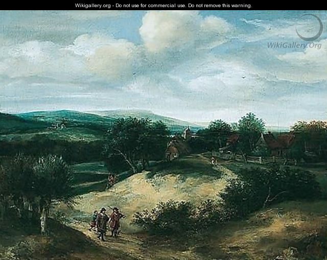An Open Landscape With Huntsmen On A Track Before A Village - Jacob Koninck