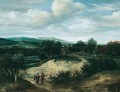 An Open Landscape With Huntsmen On A Track Before A Village - Jacob Koninck